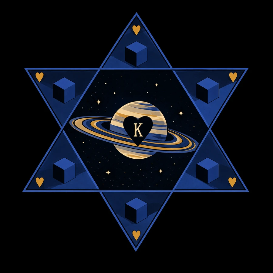 Mysticism Decoded emblem: Saturn and a heart bearing the letter K, held within a six-pointed star with six cubes and six hearts.
