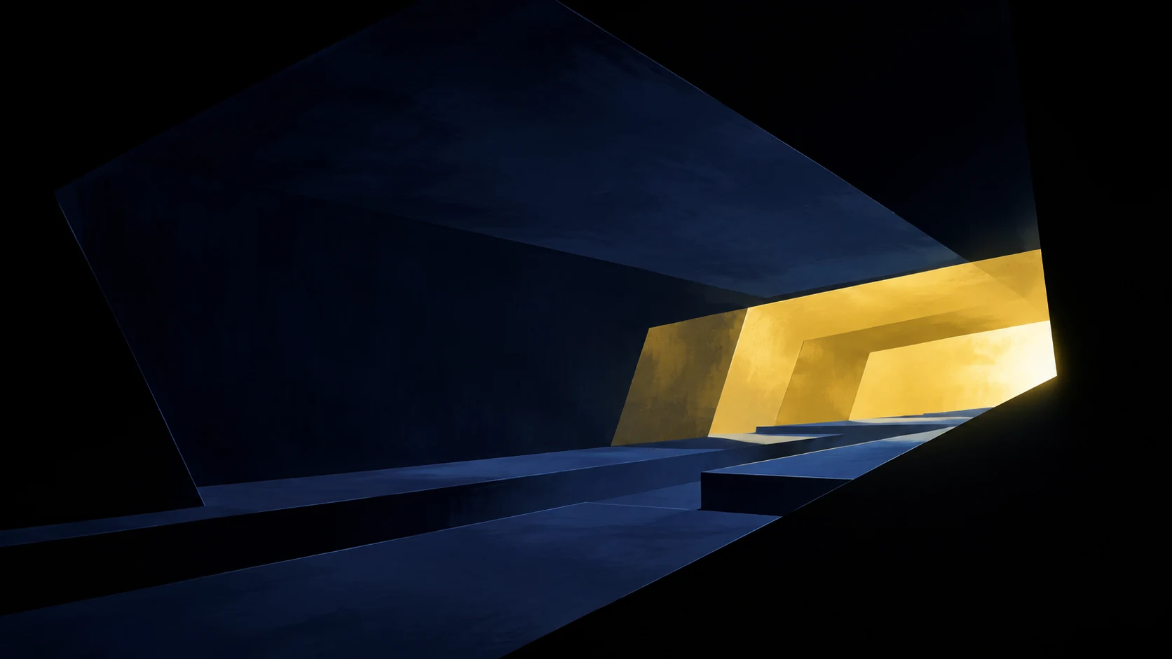 A vast, three-sided indigo enclosure frames a gold-lit interior; the near walls define the space before its illuminated contents.