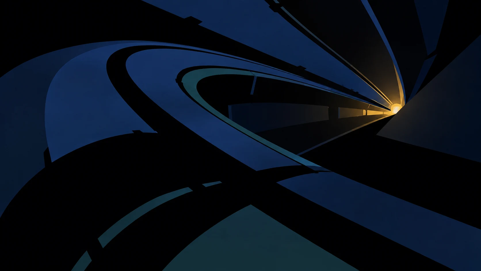 Off-axis curved blue bands converge toward one distant gold opening, suggesting outgoing and returning circulation through a larger structure.